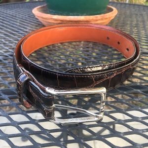 COLE HAAN Men’s Dark Brown Genuine Crocodile Belt with Silver Buckle